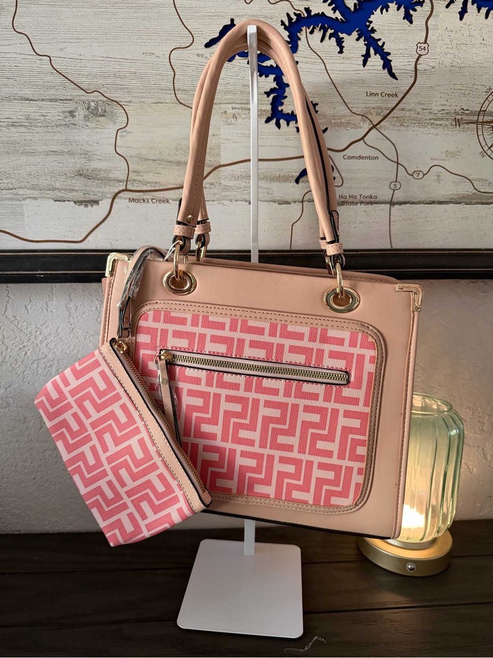 Pink Patterned Tote Bag with Matching Wristlet - Pink